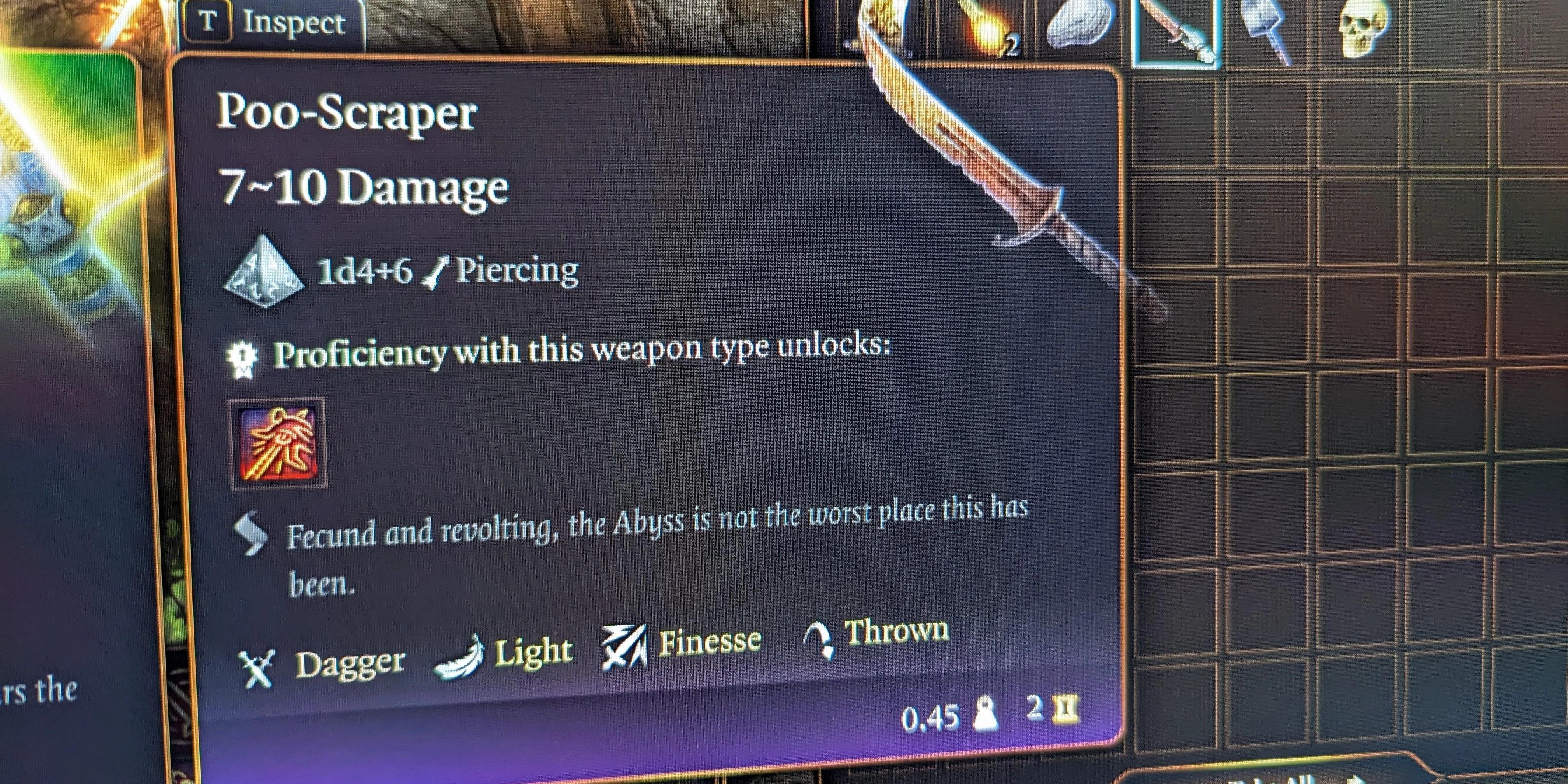 An info snippet for the knife Poo Scraper describing the weapon's abilities in Baldur's Gate 3.