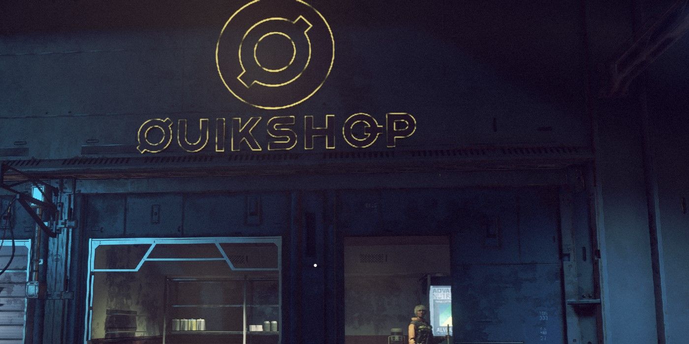 The Starfield character is about to enter the Quikshop in the Underbelly of Neon to speak with Katherine.