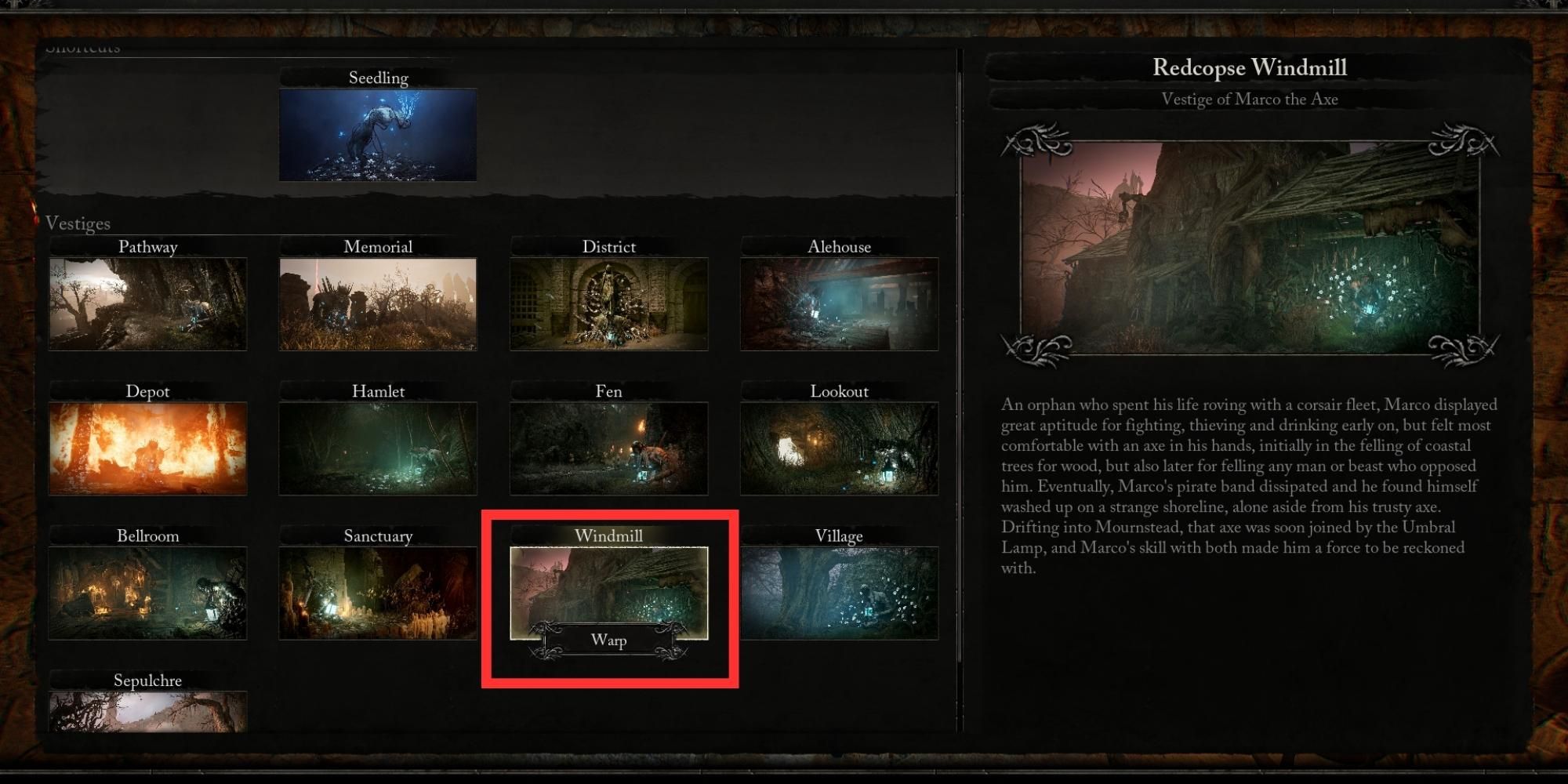 redcopse windmill vestige fast travel point in lords of the fallen