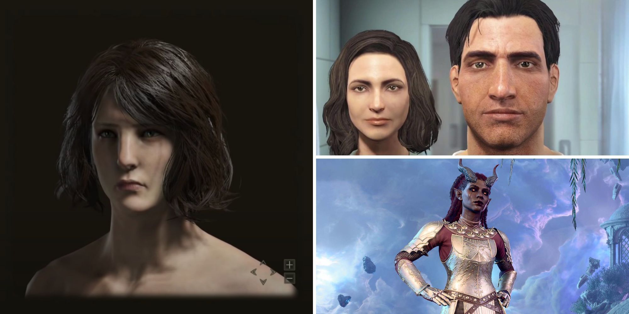 Collage of RPGs with the best character customization (Elden Ring, Fallout 4, Baldur's Gate 3)