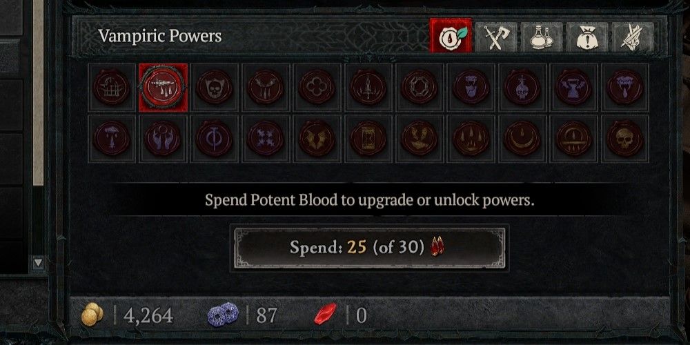 The vampiric powers tab in the player inventory of diablo 4