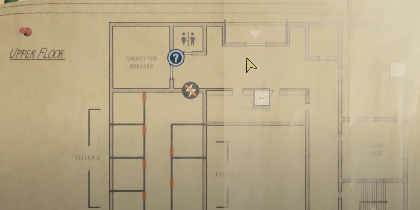 The Alan Wake 2 character is showing the map for the sheriff's station and where the shotgun is located.