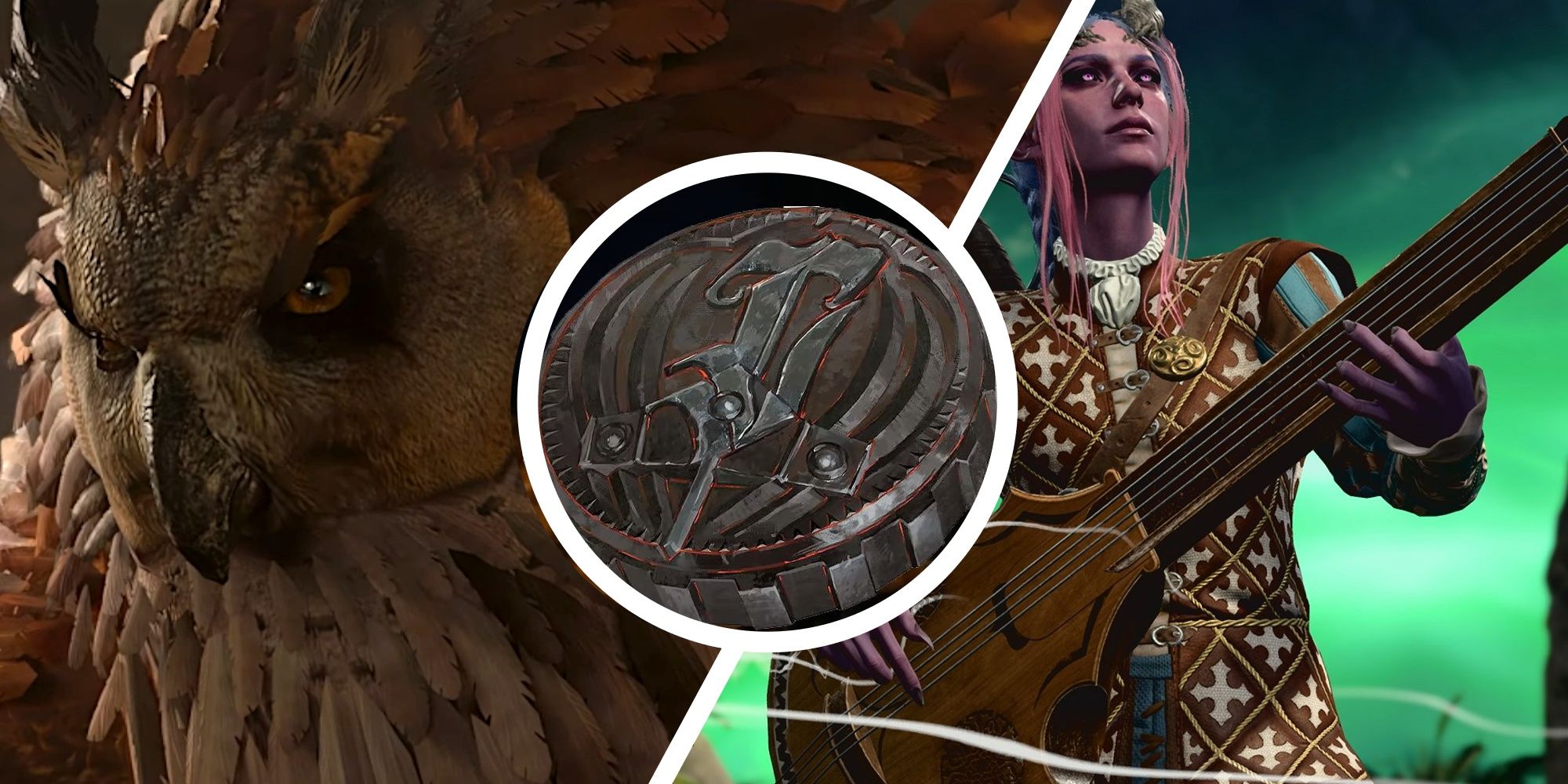 A split image of an Owlbear, a tiefling with a lyre, and a Soul Coin in Baldur's Gate 3.