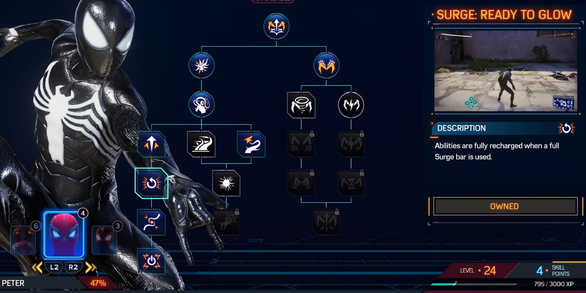 Spider-Man 2 _ Symbiote Surge Skill Tree _ Symbiote Suit _ Peter _ Skill Menu