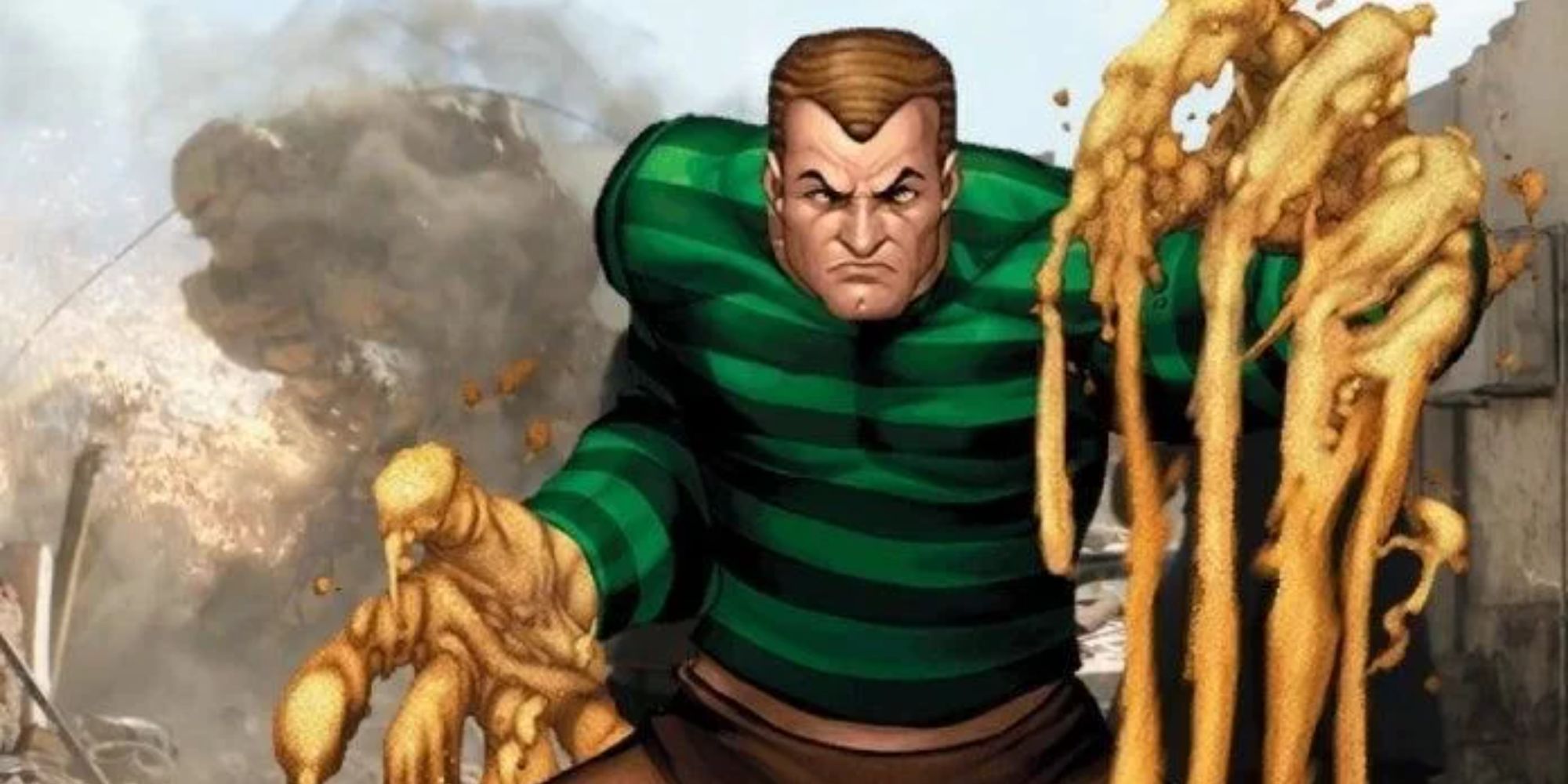 Still of Sandman wearing a green striped top while his hands are melting sand