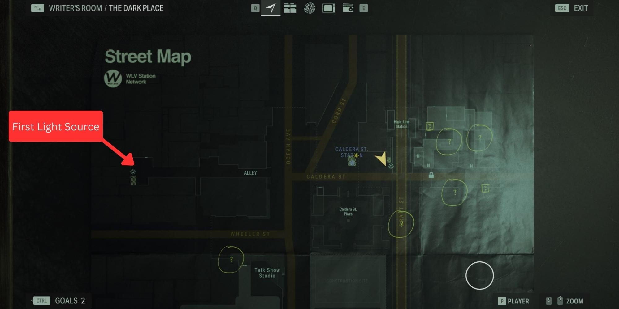 street map of the dark pace in alan wake 2 showing first light source