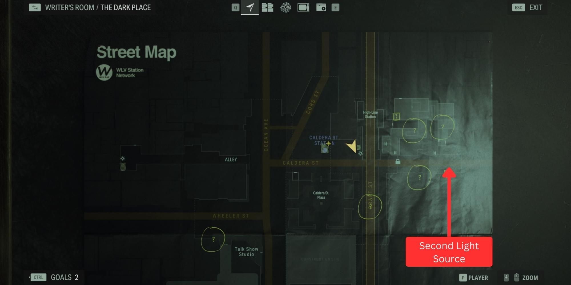 street map of the dark pace in alan wake 2 showing second light source