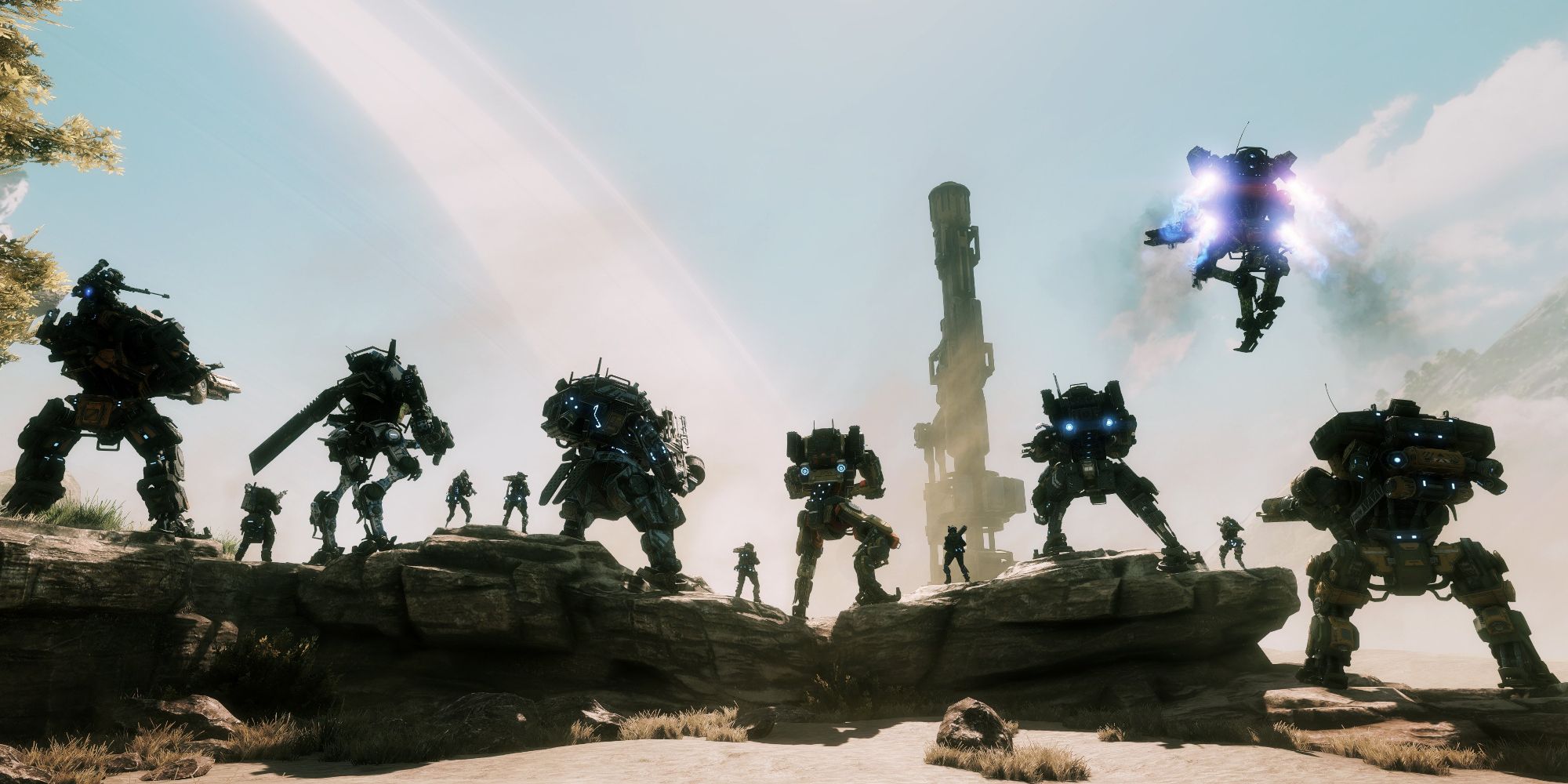 Titans lined up with their backs to the camera in Titanfall 2