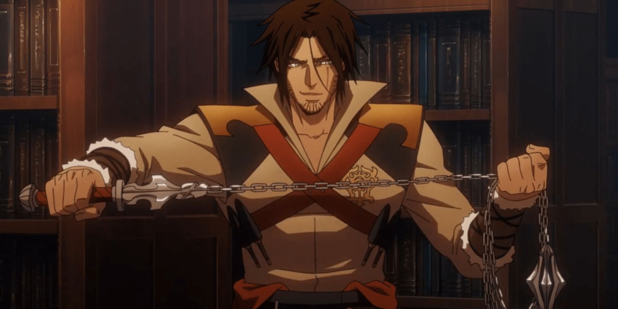 Still of Trevor Belmont holding a chain whip in Castlevania