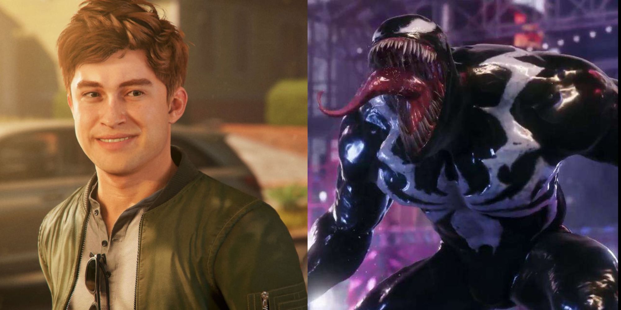 Split image of Harry Osborn smiling in the sun and Venom screaming in Spider-Man 2