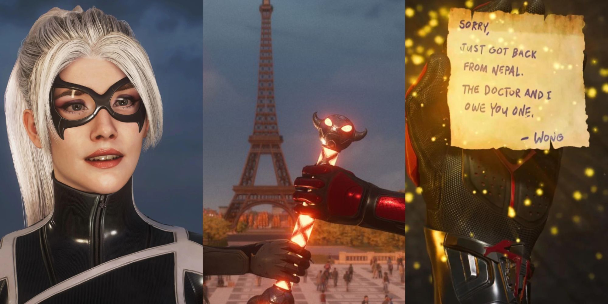 Split image of Black Cat, the Wand of Watoomb in front of the Eiffel Tower, and Miles holding a note from Wong in Spider-Man 2