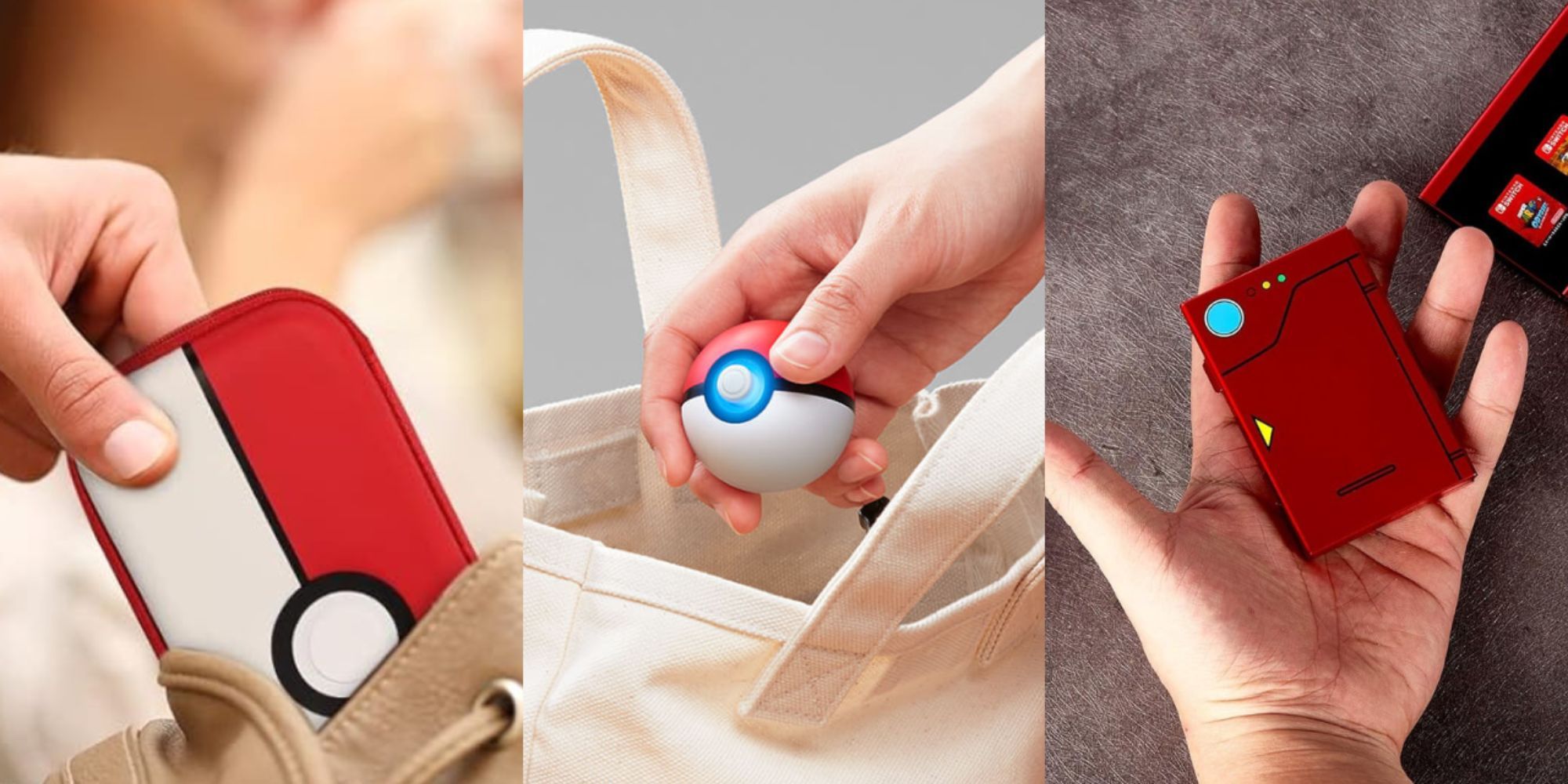 Split image of the JoyHood Pokemon carry case being pulled from a bag, the Poke Ball Plus being put into a canvas bag, and a Poke Dex game cartridge holder in the palm of a hand., 