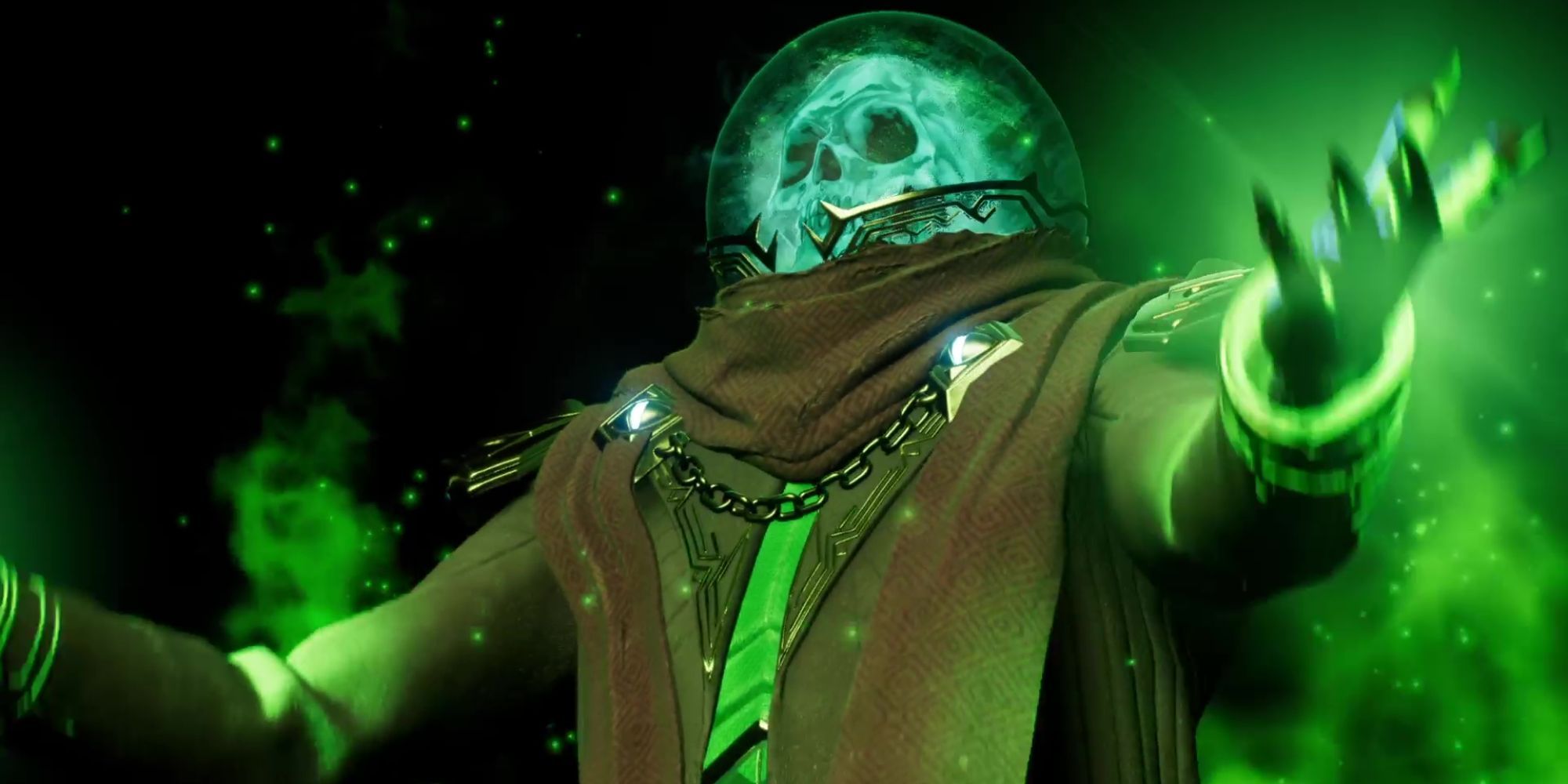 Still of Mysterio with a skeletal head surrounded by green smoke in Spider-Man 2