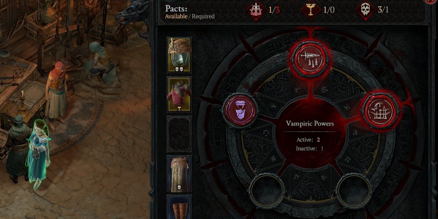 A screenshot showing where vampiric powers are equipped, as well as the pacts for doing so