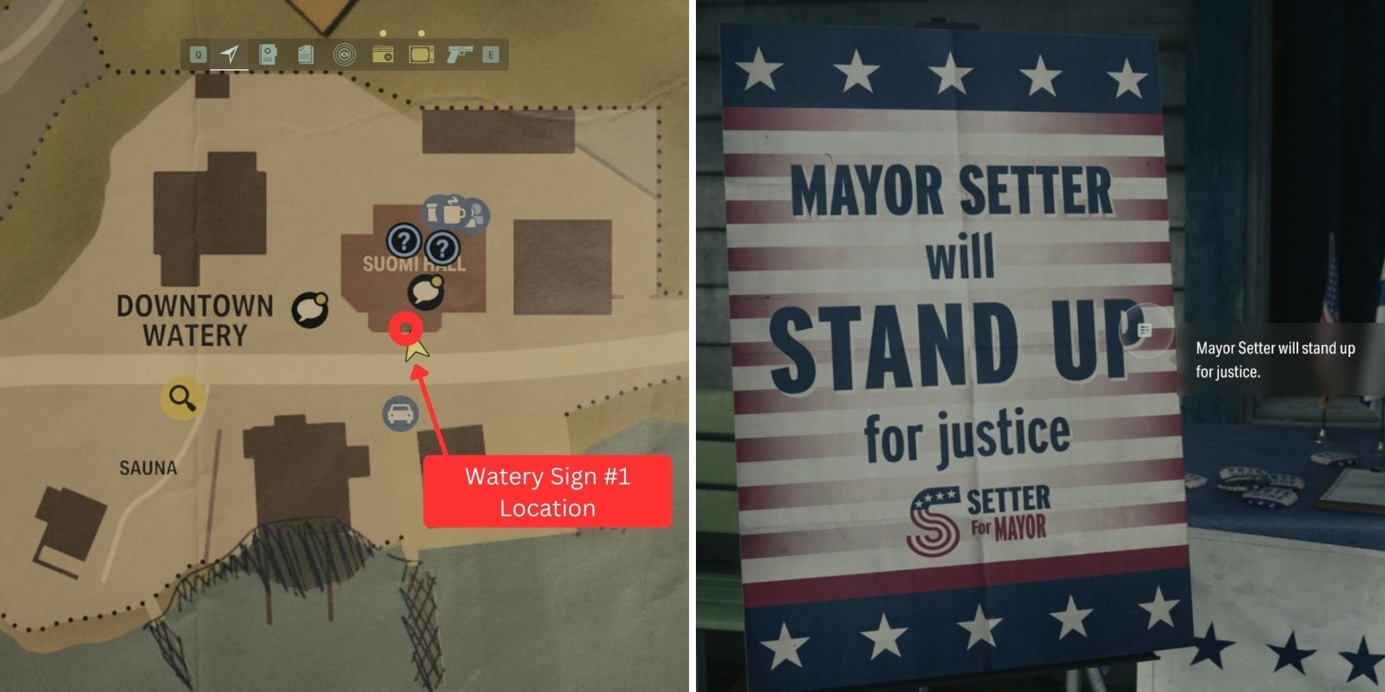 Watery Mayor Setter Sign #1 Location marked in split image