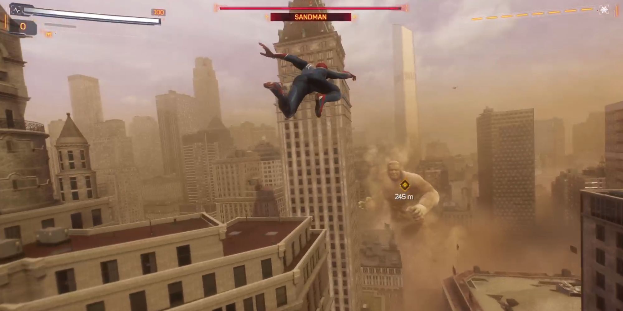 Still of Spider-Man swinging towards Sandman in a dusty city in Spider-Man 2