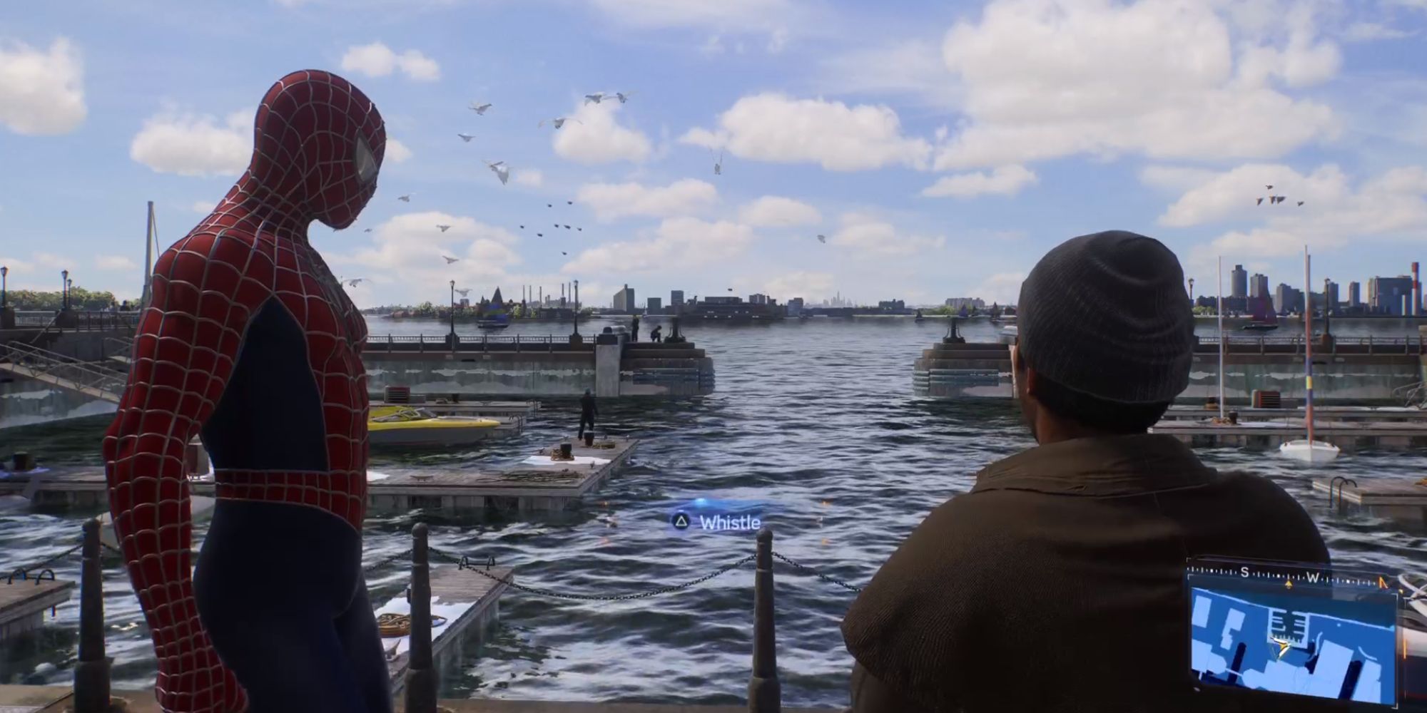 Still of Spider-Man standing next to Howard looking out at the harbour and pigeons in Spider-Man 2