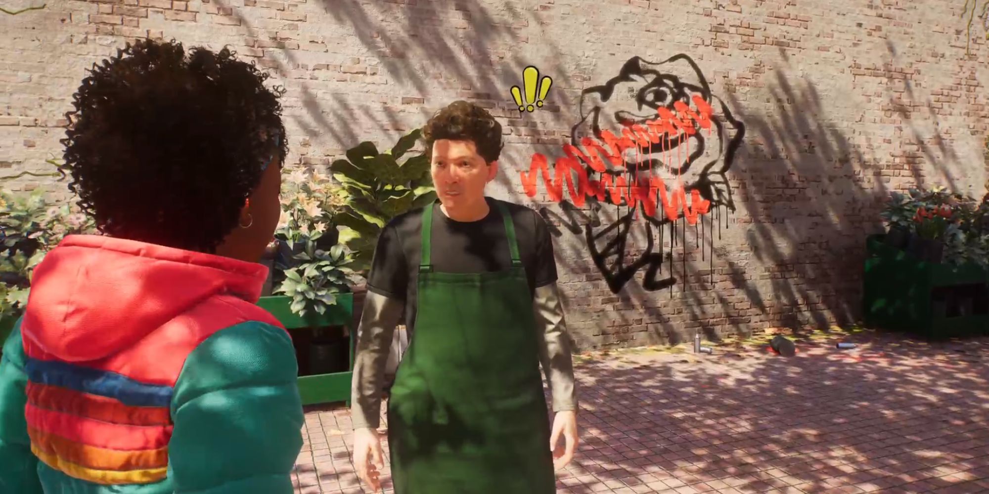 Still of Hailey talking to a business owner in front of graffiti in Spider-Man 2