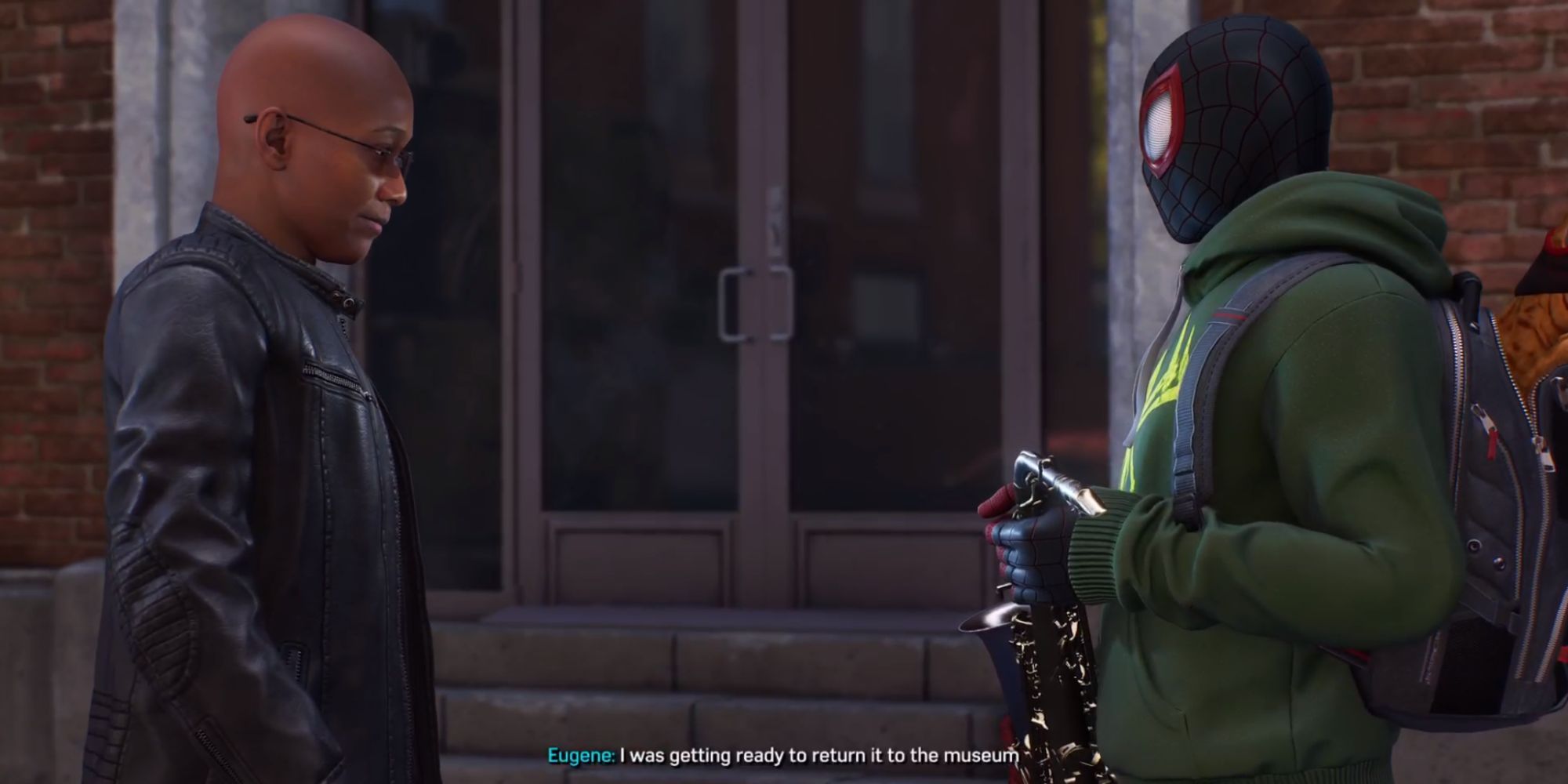 Still of Miles Morales holding a saxophone opposite a man wearing a leather jacket in Spider-Man 2