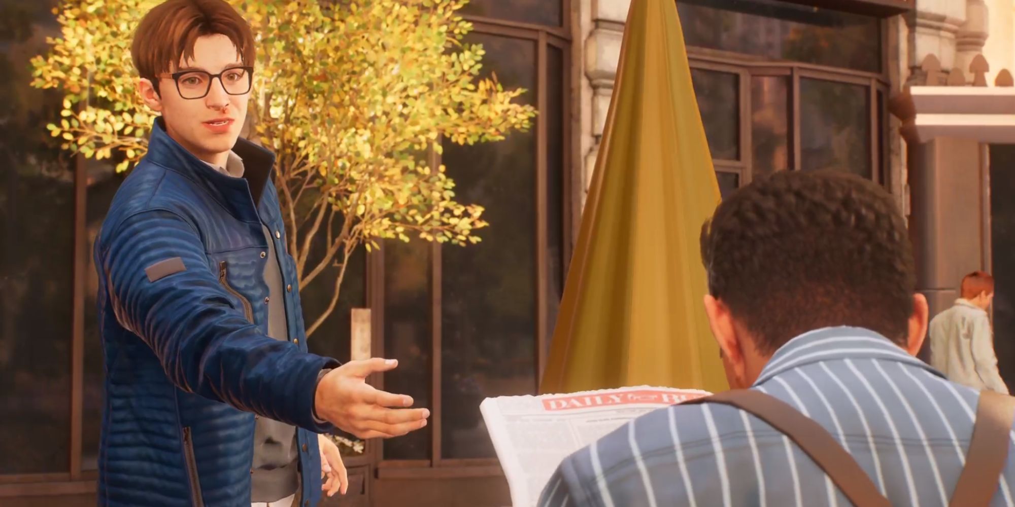 Still of Peter Parker reaching out his hand to J. Jonah Jameson who is reading a paper in Spider-Man 2