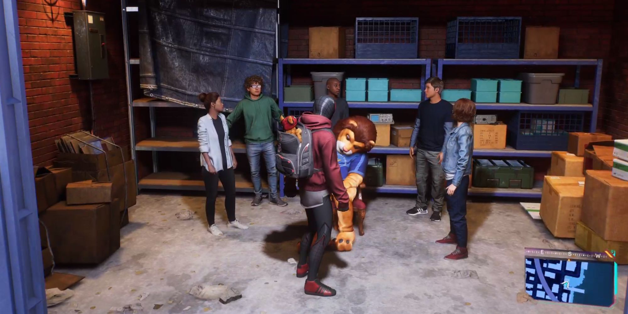 Still or Miles Morales standing in front of a group of students one dressed like a lion in Spider-Man 2