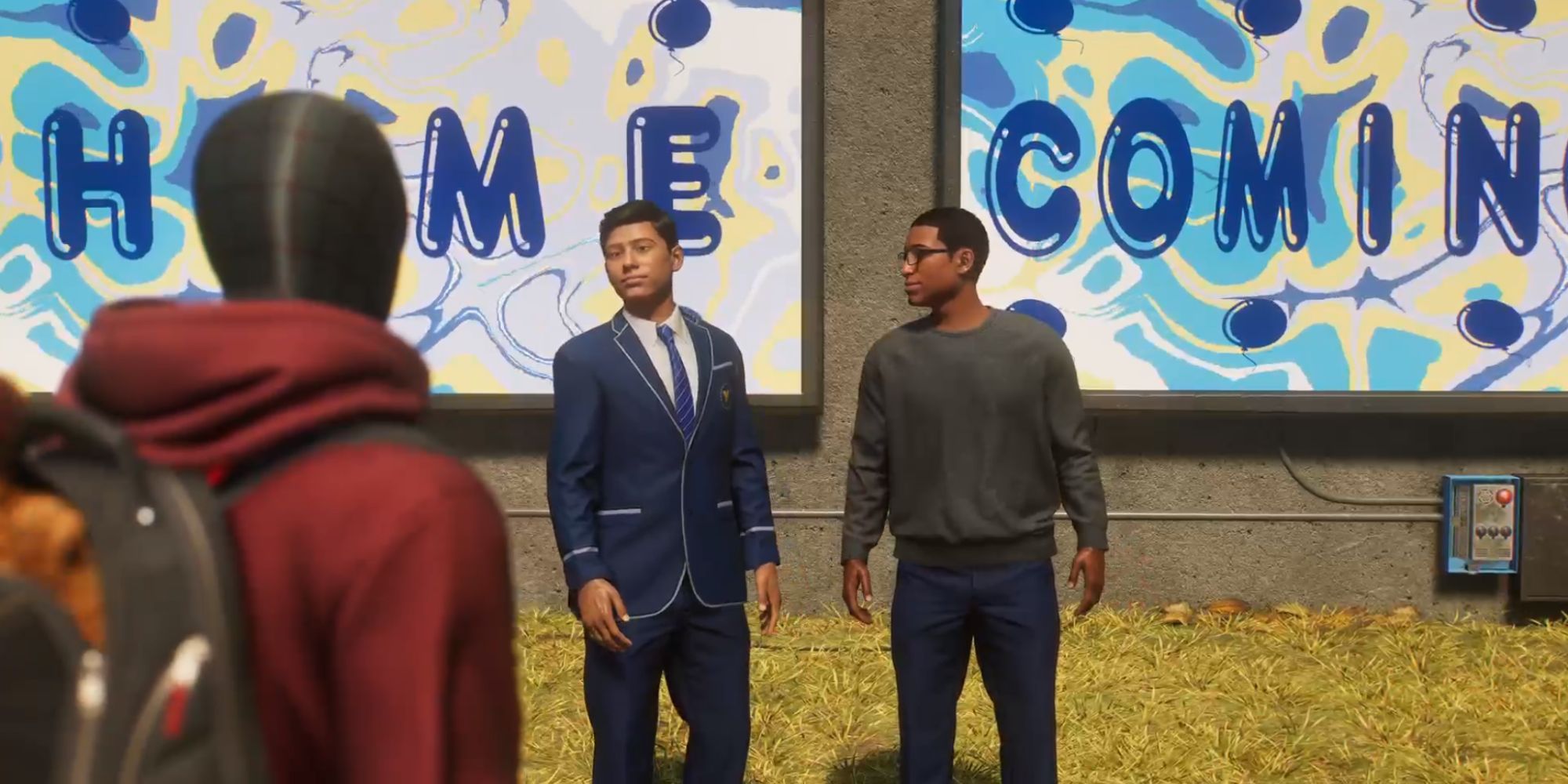 Still of Miles Morales standing opposite two students in front of a Homecoming sign in Spider-Man 2