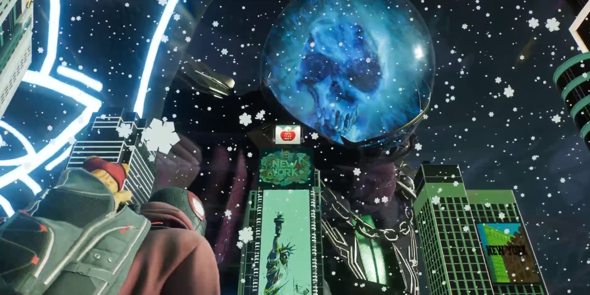 Still of a skeletal Mysterio looking down over the city at Miles Morales in Spider-Man 2