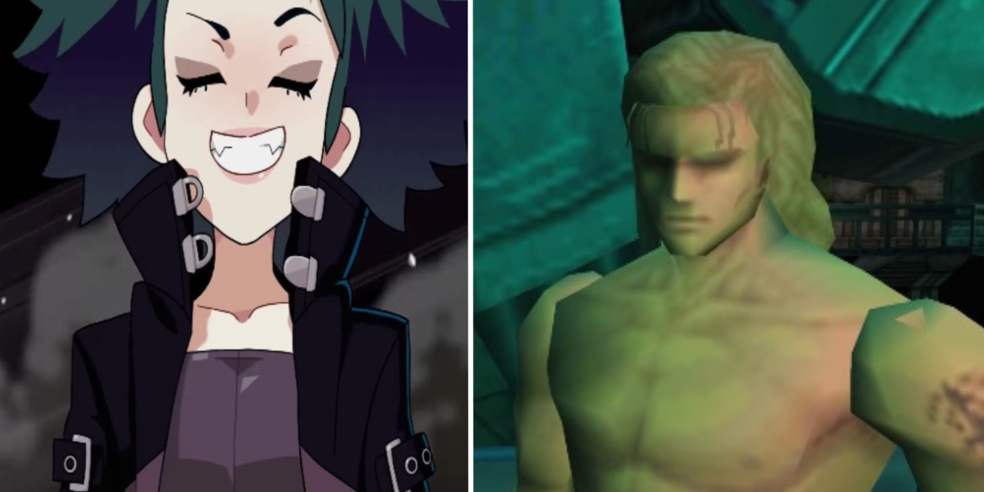 Split image Advance Wars 1+2 Re-Boot Camp Lash smiling and Metal Gear Solid Liquid Snake stands before Metal Gear Rex