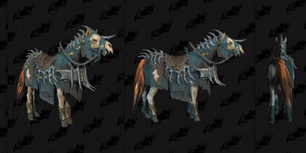 the Darkness Vanguard Mount Armor on a pale horse from three angles