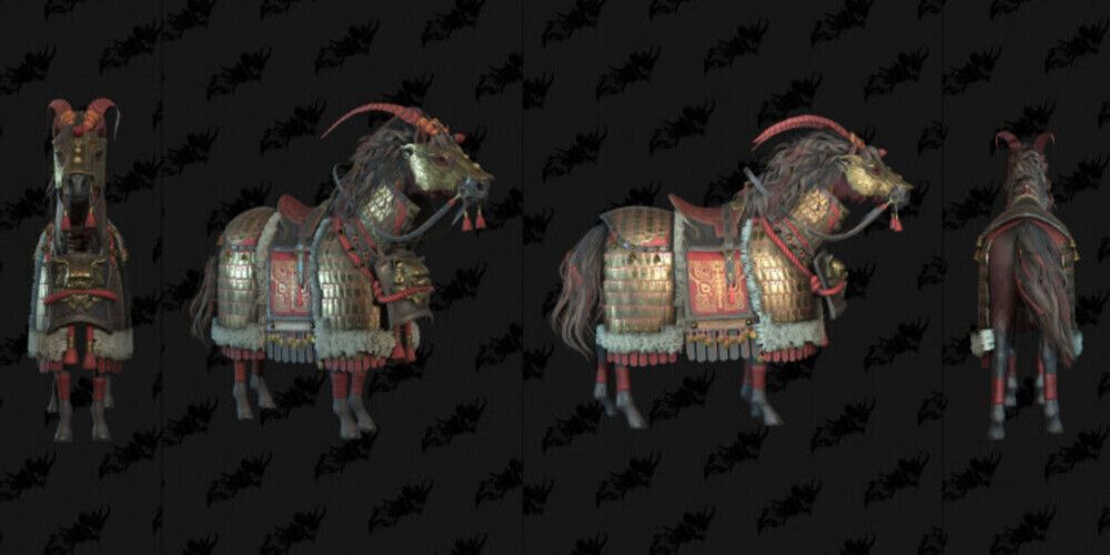 The Xiansai Herald Prestige Mount Armor shown on a red horse.