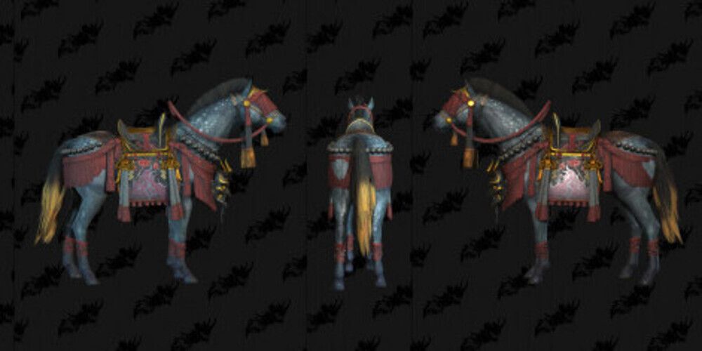 The Elegant Crimson Dress Mount Armor on a blue horse from several angles