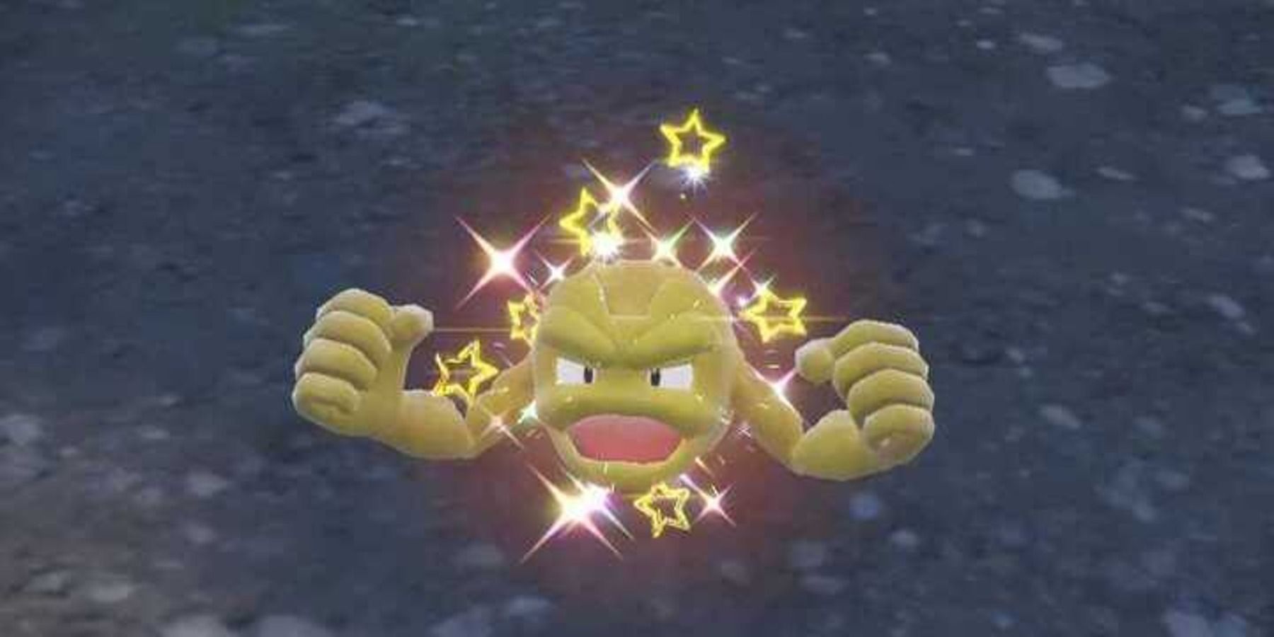 A shiny Geodude crying after being encountered in Pokemon Scarlet and Violet.