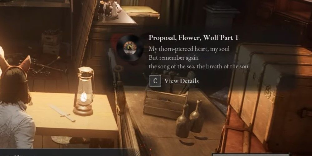 The Lies Of P character is obtaining the Proposal, Flower, Wolf Part 1 record.