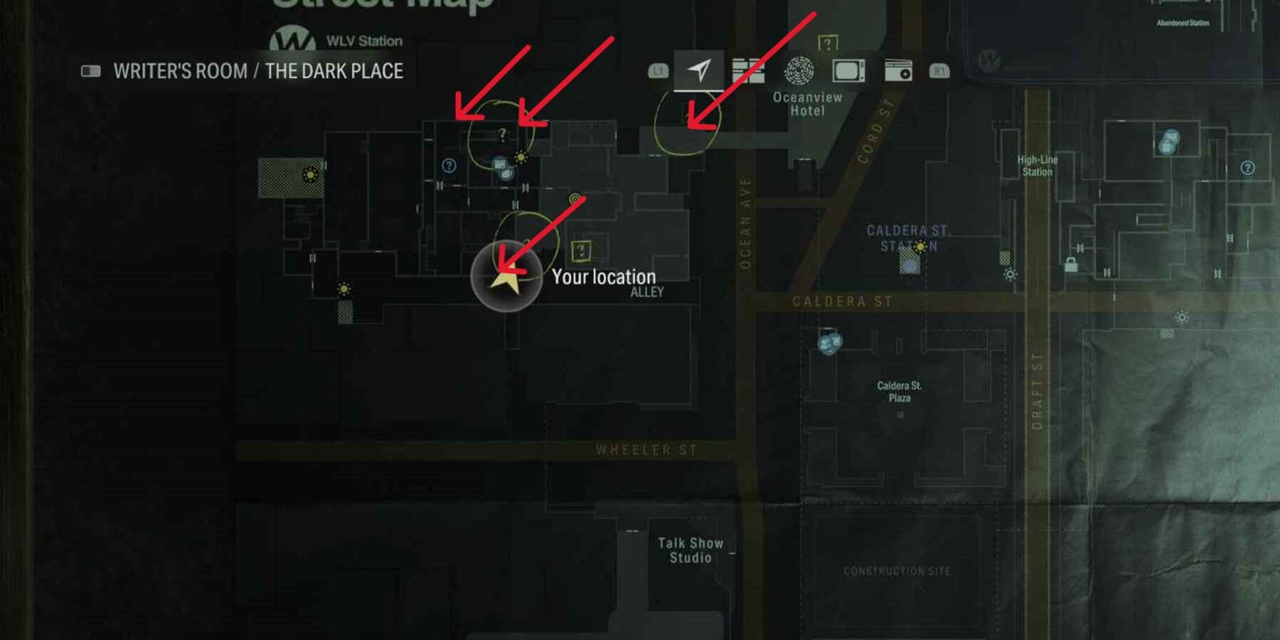 خريطة لأقسام الزقاق والسقف في Alan Wake 2 مع وضع علامة 