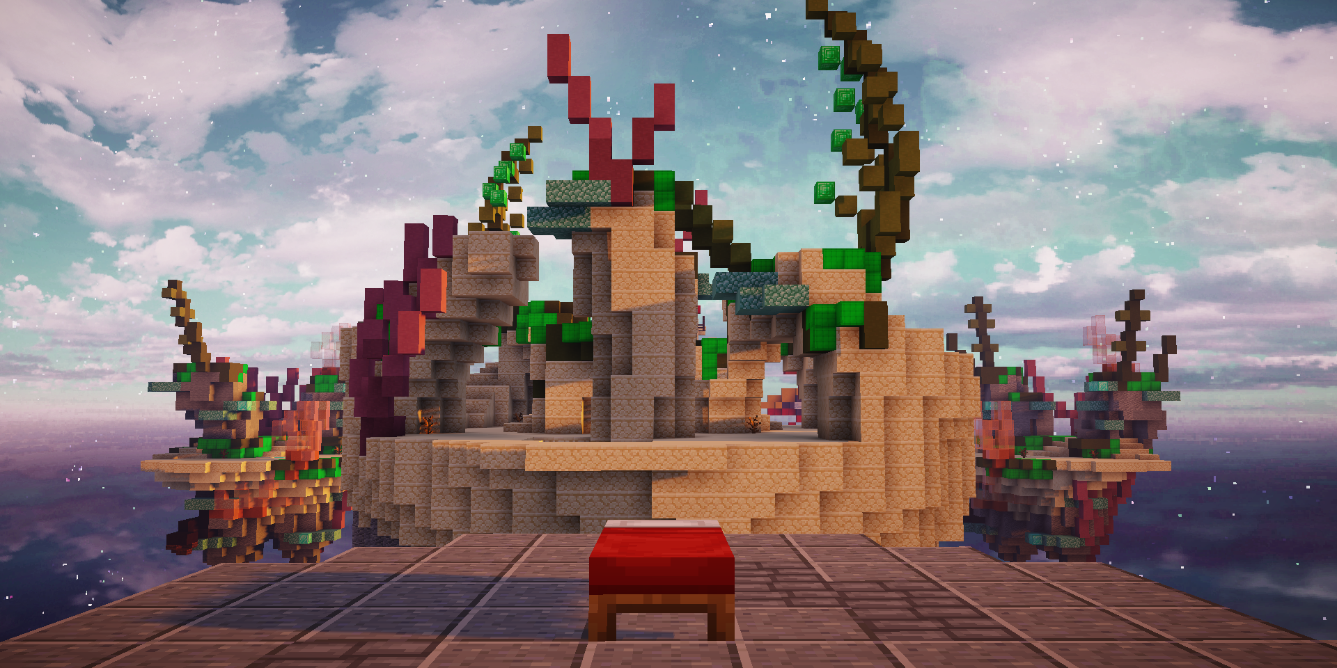 A BedWars starting point on the Hypixel Minecraft server.