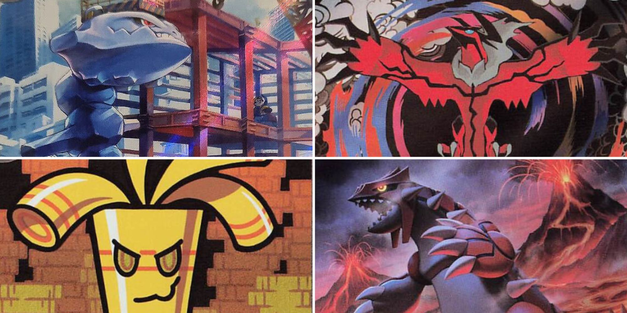 Split image of Steelix, Yveltal, Groudon, and Gholdengo from Pokemon Paradox Rift