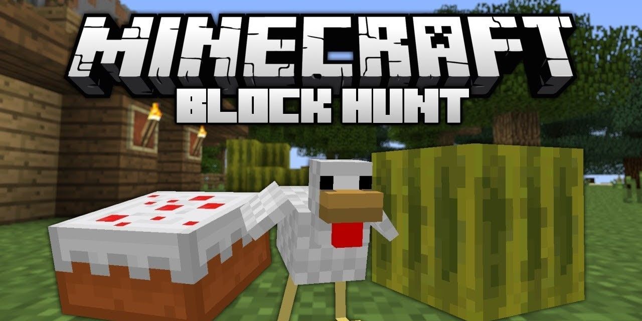 A title card for Block Hunt in Minecraft, featuring a cake, a chicken, and a melon.