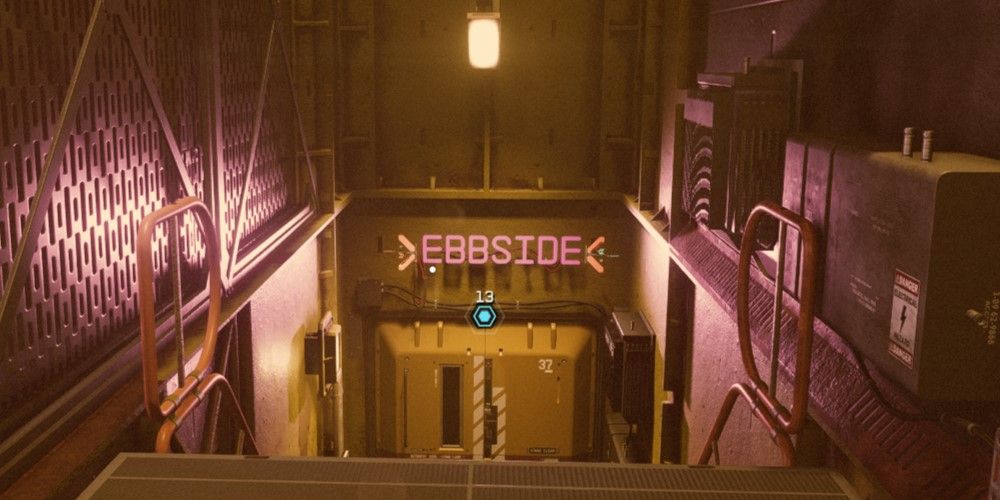 The Starfield character is about to enter the Ebbside located in Neon for the Mob Mentality Mission.