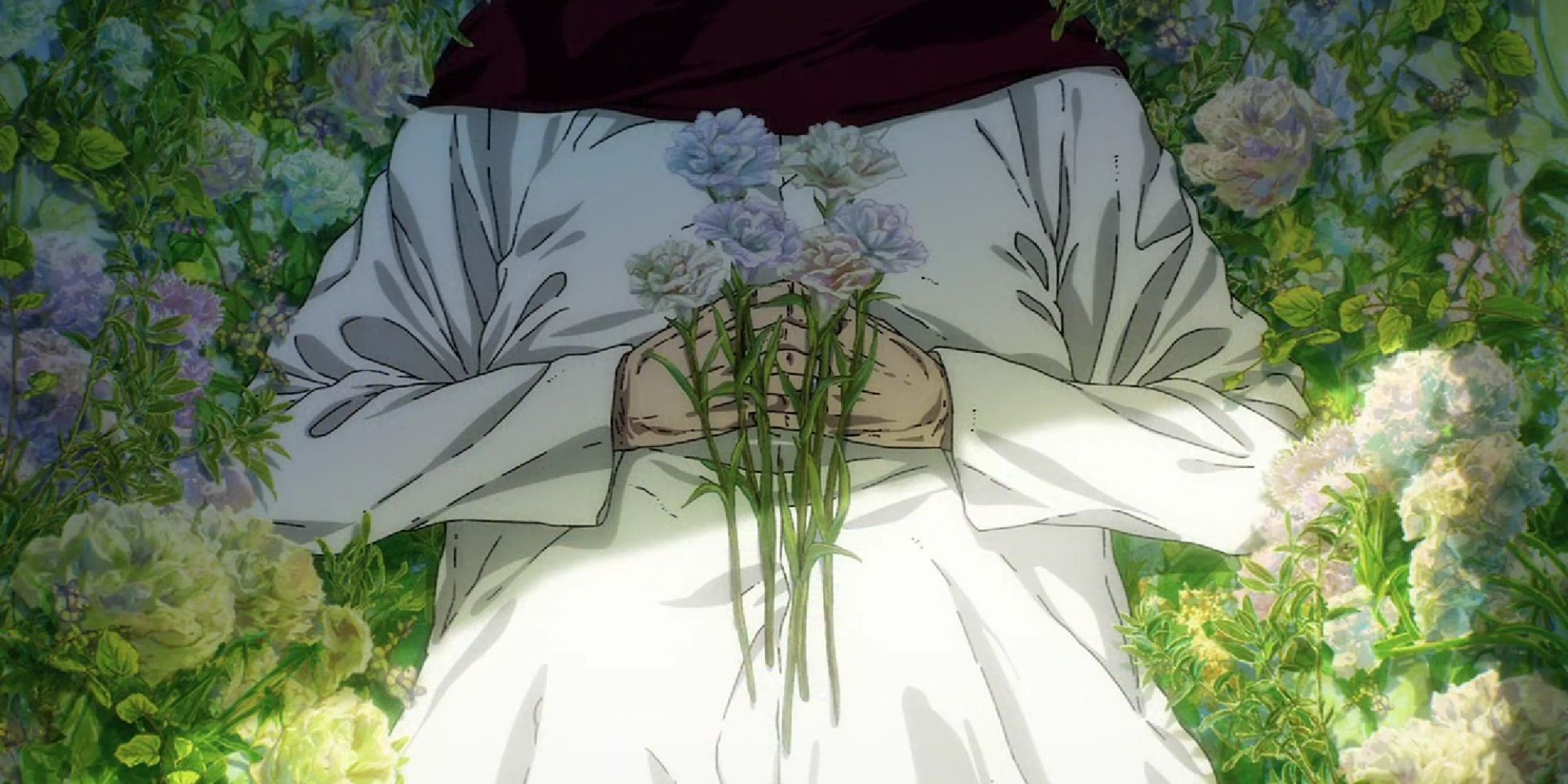 Still of a woman lying on a bed of flowers holding a bouquet with a red scarf in Attack on Titan