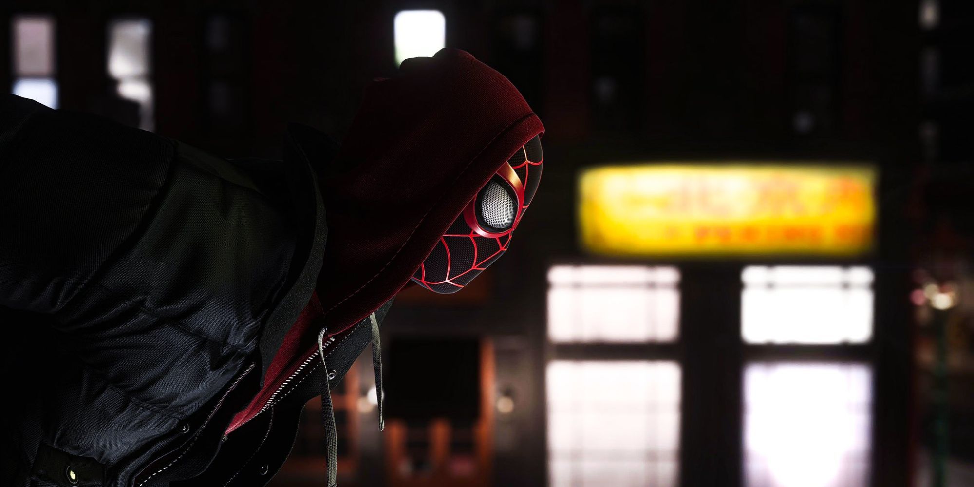 Still of Miles Morales sitting on a lamp opposite a takeaway in Spider-Man 2