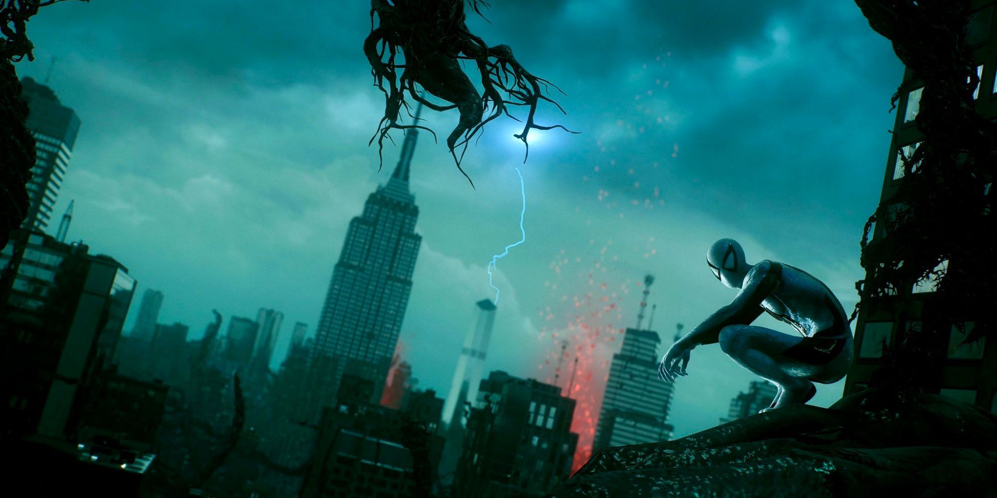 Still of Spider-Man wearing the anti-venom suit and looking over a gray city on a symbiote vine in Spider-Man 2