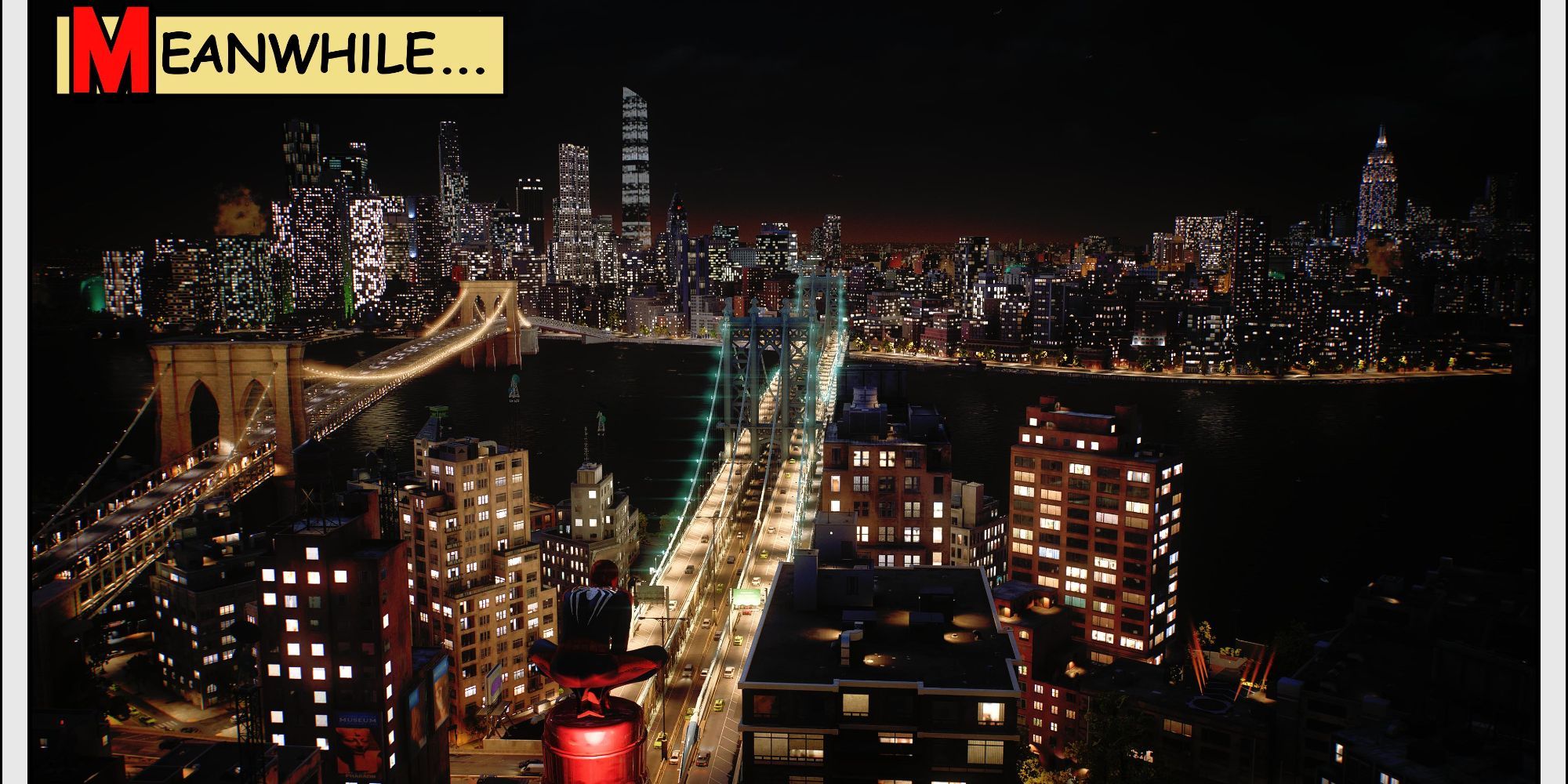 Still of SPider-Man overlooking the city at night with a Meanwhile border in Spider-Man 2