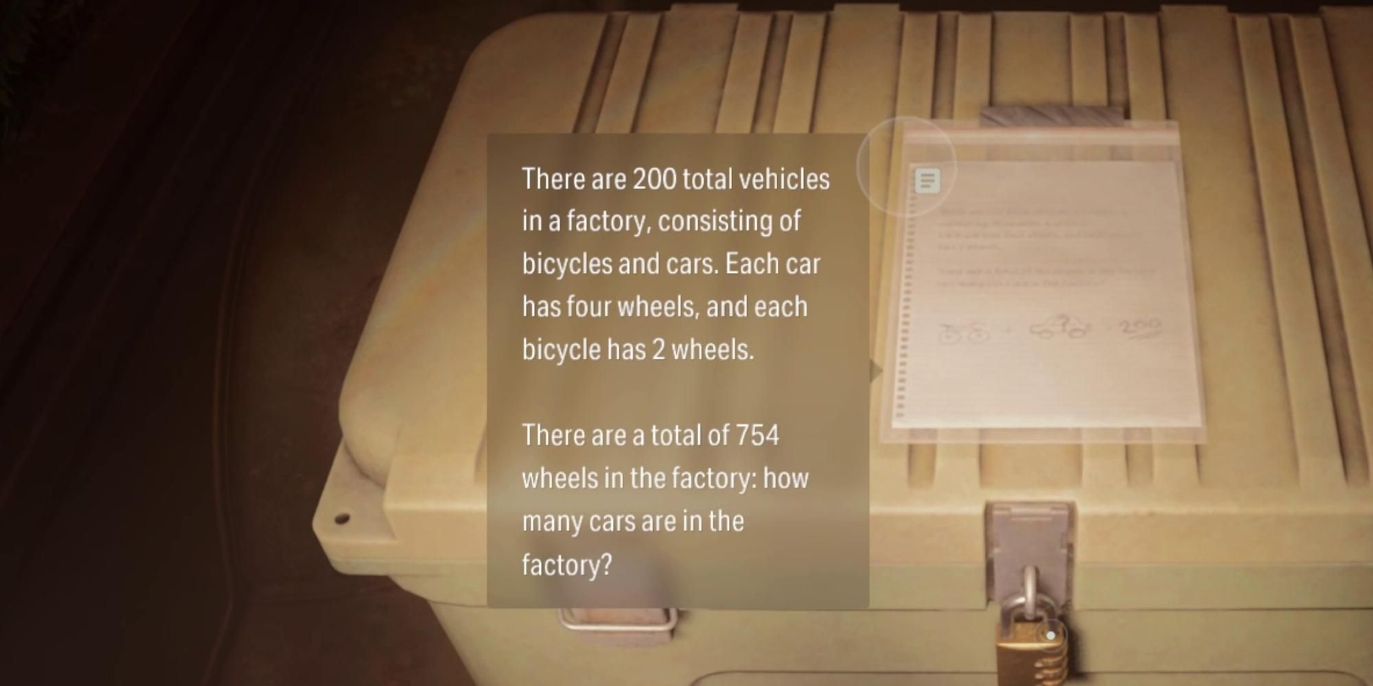 factory cars and bicycles math puzzle in alan wake 2