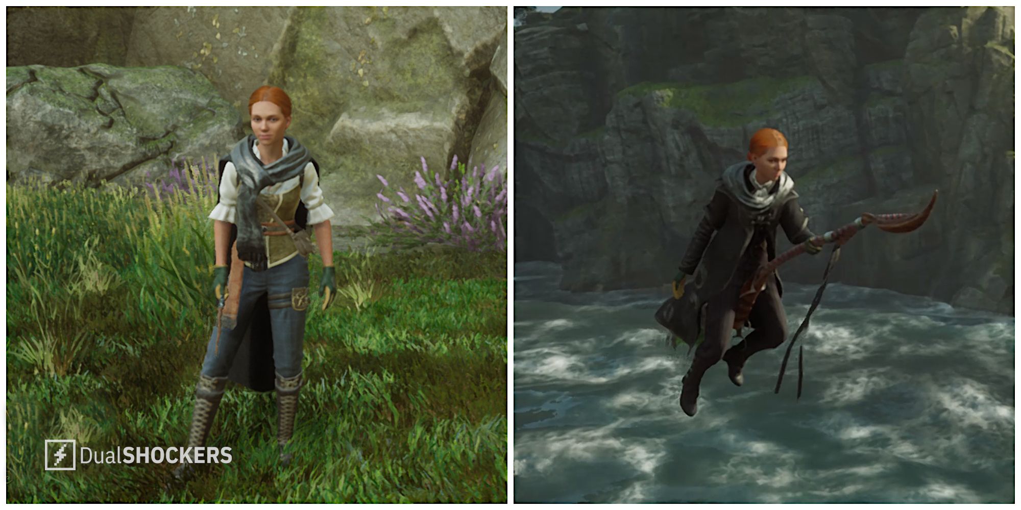 Split image of the Grey Voyager Garb and the Dark Arts Ensemble outfits in Hogwarts Legacy.