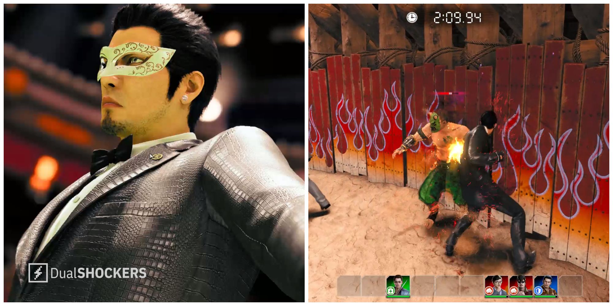 Split image of Kiryu and an active Hell Team Rumble battle in Like a Dragon Gaiden: The Man Who Erased His Name.