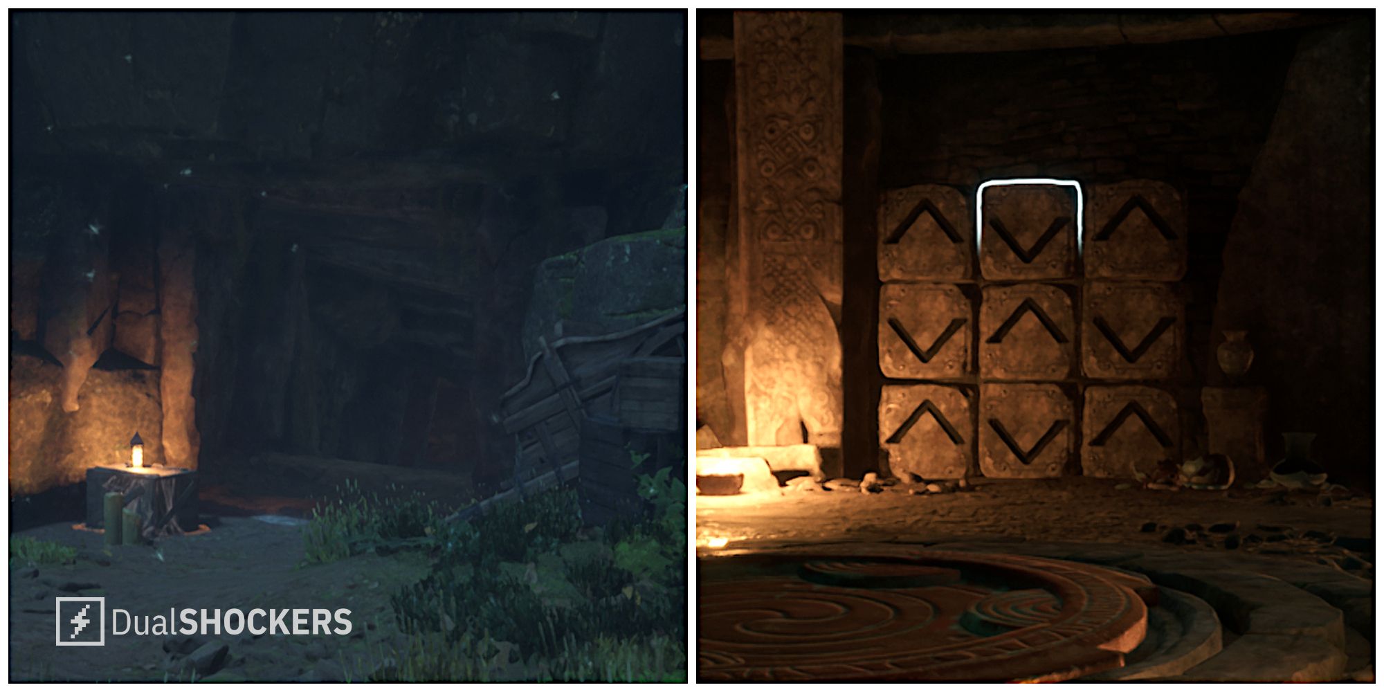 Split image of the entrance to a cave and an arrow block puzzle in Hogwarts Legacy.