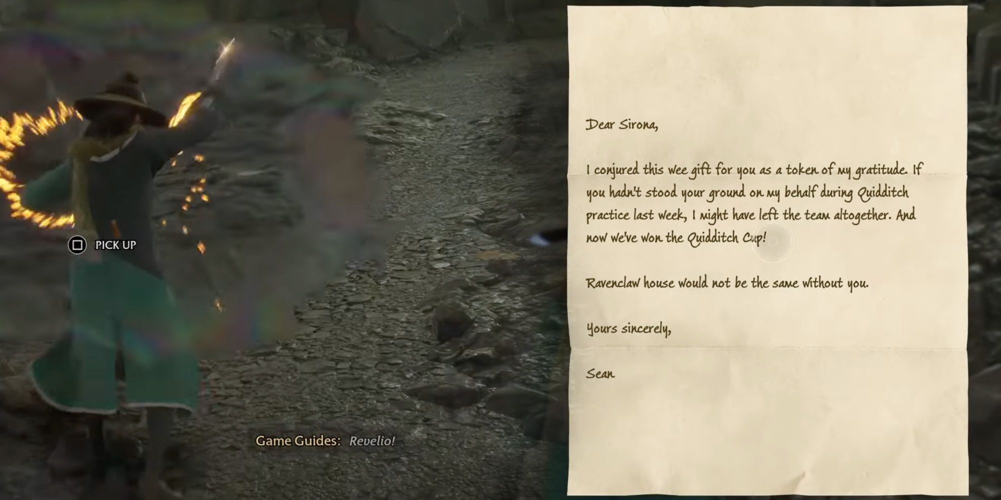 Player's character casting revelio on the left, and on the right one of Sirona's letters