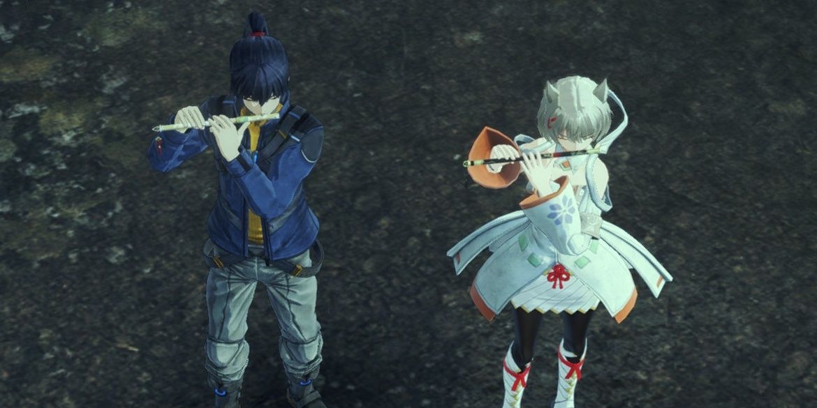 Mio and Noah play their flutes in Xenoblade Chronicles 3