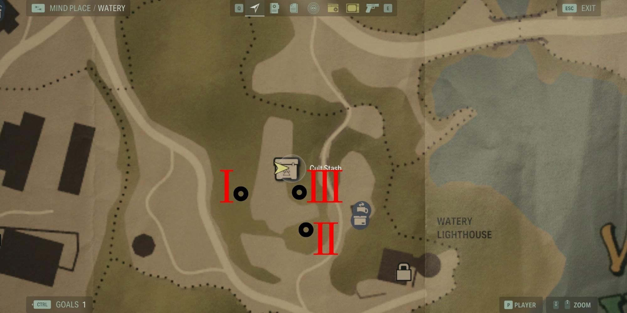 map marker showing the locations of all codes to unlock lighthouse cult stash