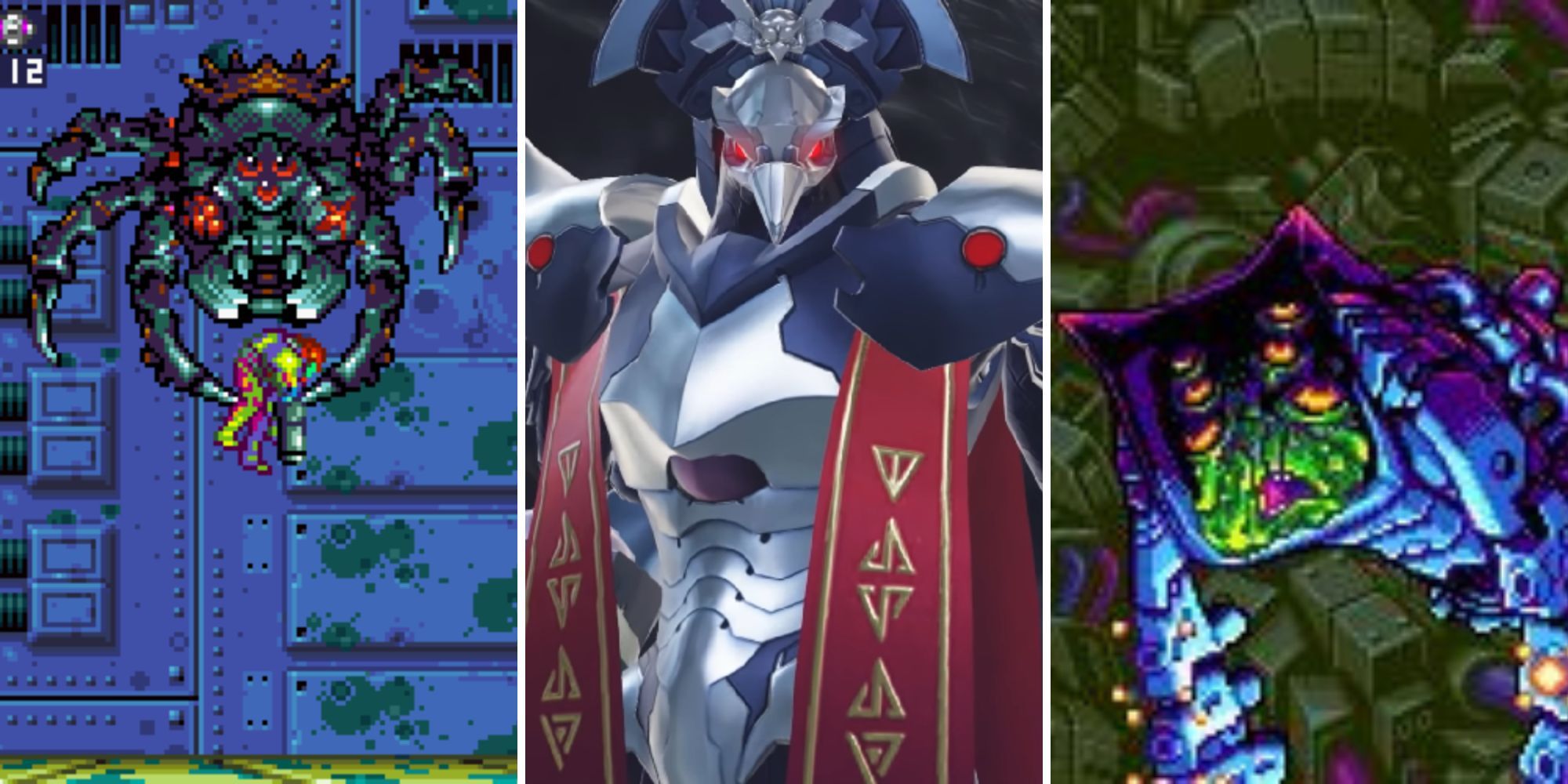Collage of the hardest bosses in the Metroid series (Yakuza, Raven Beak, Nightmare)